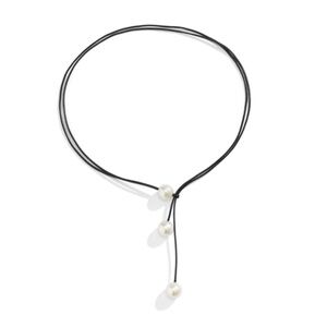 Faux Pearl Lariat Necklace – Adjustable Black Cord – Modern Y Necklace for Women